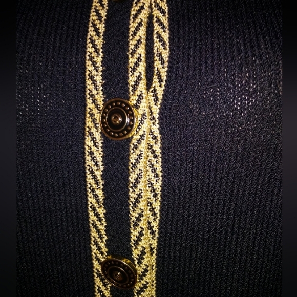 ST JOHN COLLECTIONS SZ 6 SANTANA KNIT BLACK & METALLIC TAN LOGO BUTTONS JACKET - Picture 4 of 13